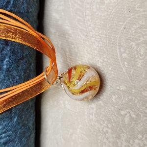 NEW! Cracked marble pendant on ribbon necklace, candy corn colors, handmade